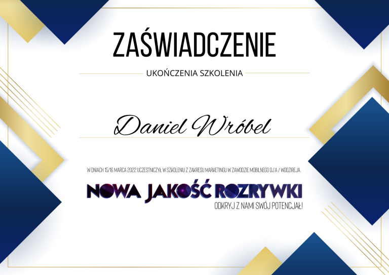 Zaświadczenie ukończenia szkolenia Nowa Jakość Rozrywki