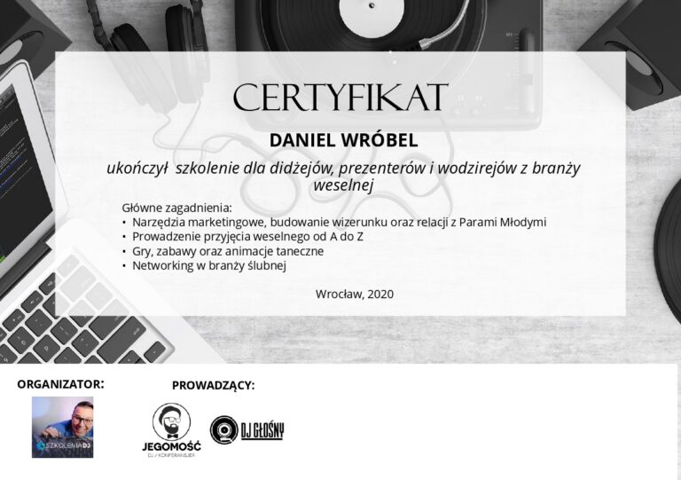 Certyfikat szkolenia DJ Głośny Wedding Team, Wrocław 2020
