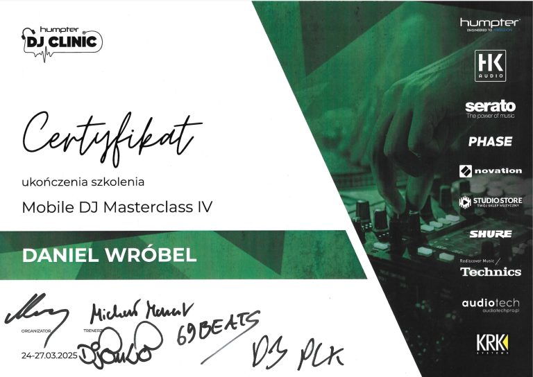 Certyfikat Humpter DJ Clinic — Mobile DJ Masterclass IV, 2025